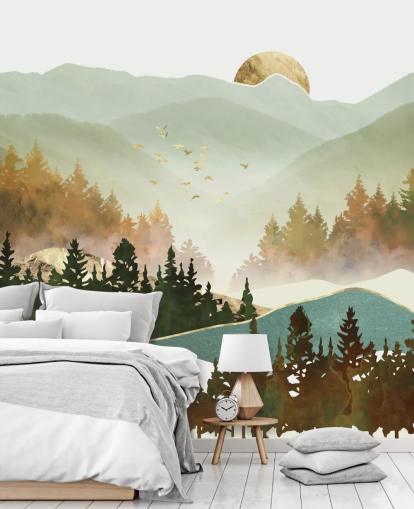 papel pintado de montaña verde pálido y dorado papel pintado de montaña verde pálido y dorado