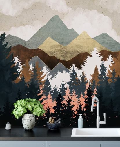 papel de parede abstrato árvore e montanhas