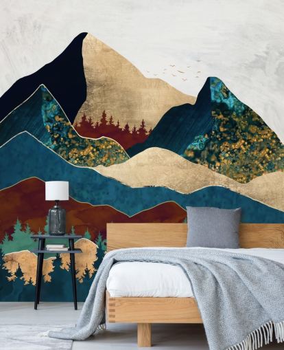 bruin, goud, groen en blauw bergbehang