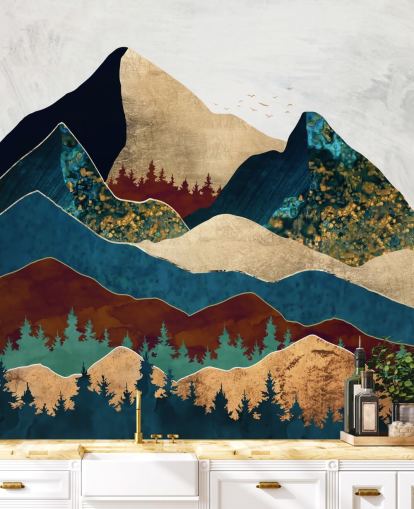 papel pintado de montañas marrones, doradas, verdes y azules