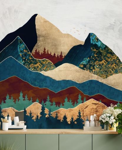 papier peint montagnes marron, or, vert et bleu papier peint montagnes marron, or, vert et bleu