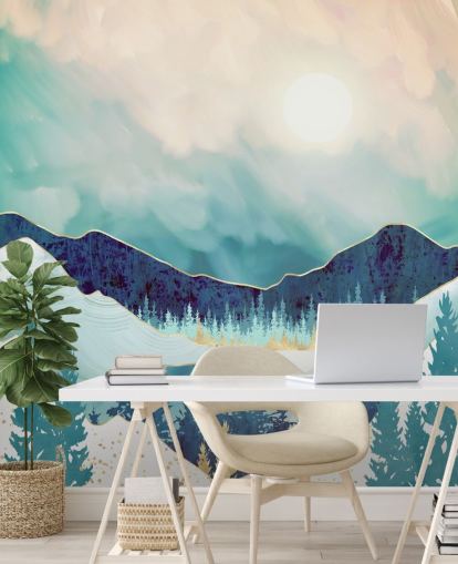 papier peint de montagne bleu et blanc