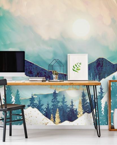 papel de parede de montanha azul e branco