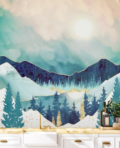 papel pintado de montaña azul y blanca