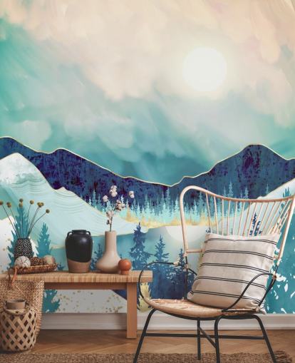 papel pintado de montaña azul y blanca