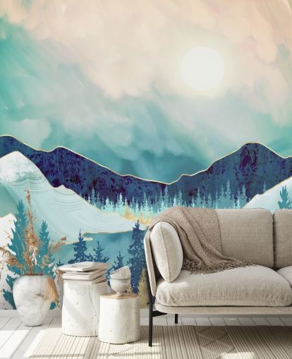 papel pintado de montaña azul y blanca