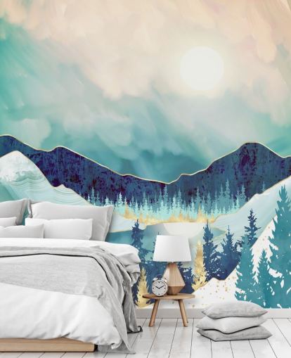 papel pintado de montaña azul y blanca