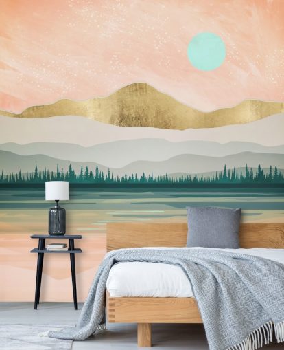 light pink, pale green and gold mountain wallpaper