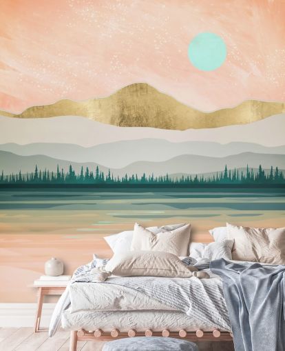 light pink, pale green and gold mountain wallpaper