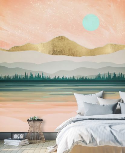 light pink, pale green and gold mountain wallpaper