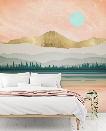 papel pintado de montaña rosa claro, verde pálido y dorado