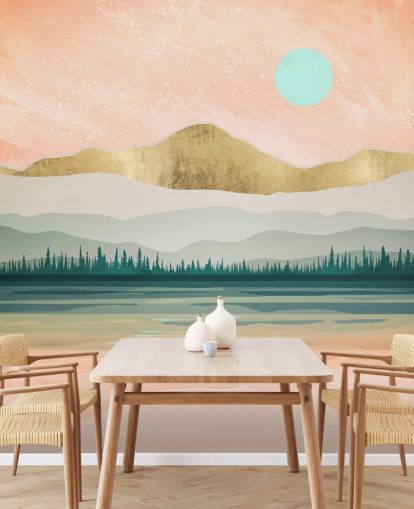 light pink, pale green and gold mountain wallpaper
