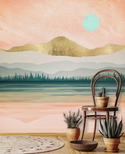 light pink, pale green and gold mountain wallpaper