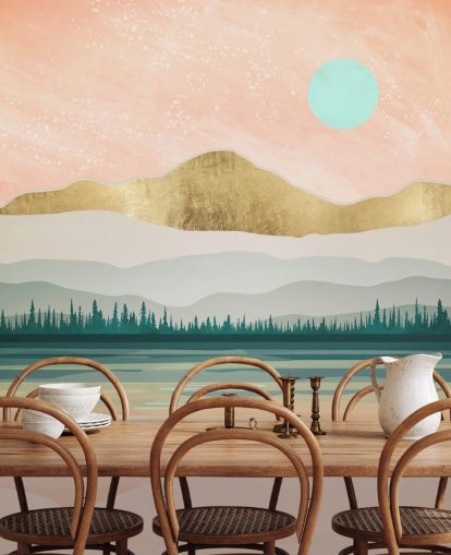 papel pintado de montaña rosa claro, verde pálido y dorado