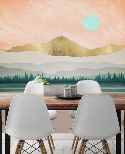 light pink, pale green and gold mountain wallpaper