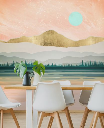 light pink, pale green and gold mountain wallpaper
