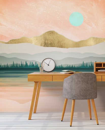 papel pintado de montaña rosa claro, verde pálido y dorado