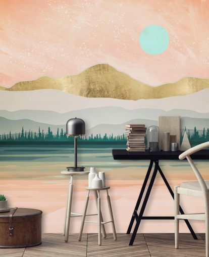 papel pintado de montaña rosa claro, verde pálido y dorado