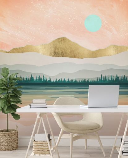 light pink, pale green and gold mountain wallpaper