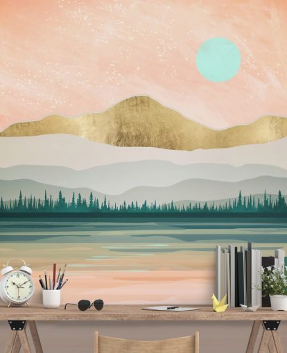 light pink, pale green and gold mountain wallpaper