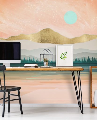 light pink, pale green and gold mountain wallpaper