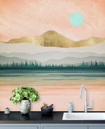 light pink, pale green and gold mountain wallpaper