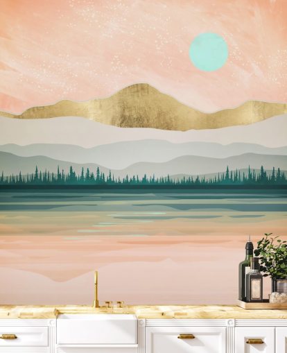 light pink, pale green and gold mountain wallpaper