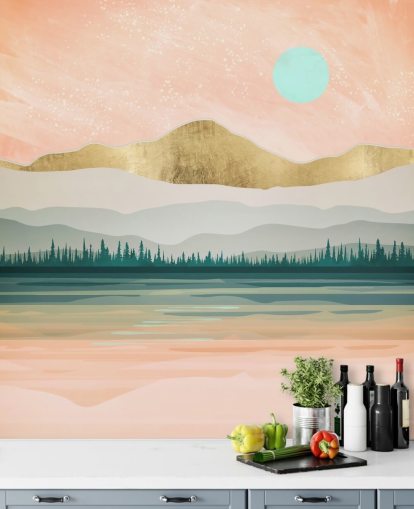 light pink, pale green and gold mountain wallpaper