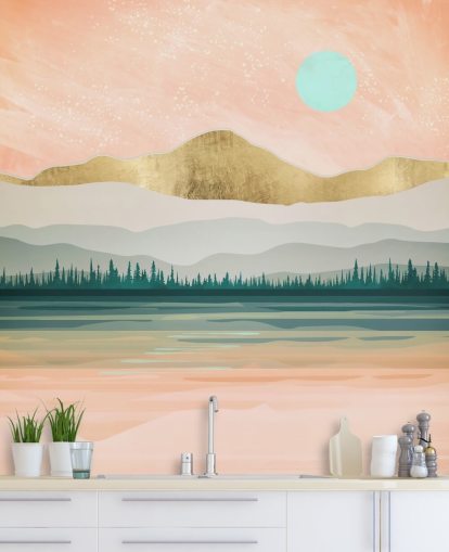 papel pintado de montaña rosa claro, verde pálido y dorado