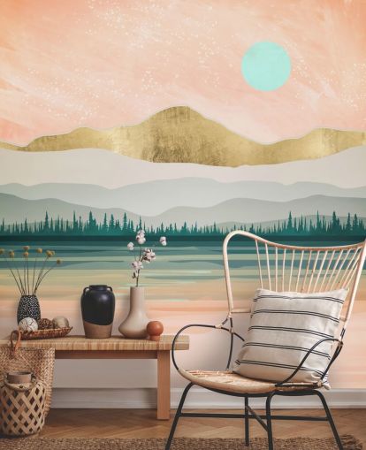 papel pintado de montaña rosa claro, verde pálido y dorado