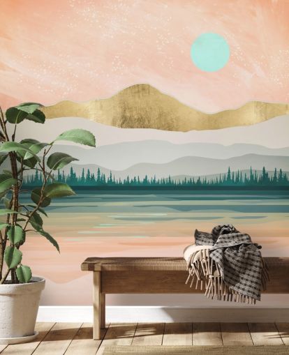 light pink, pale green and gold mountain wallpaper