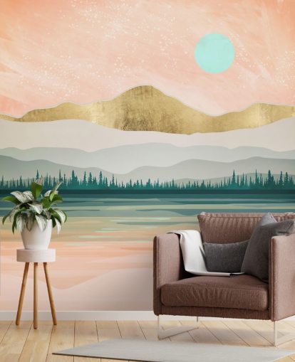 papel pintado de montaña rosa claro, verde pálido y dorado