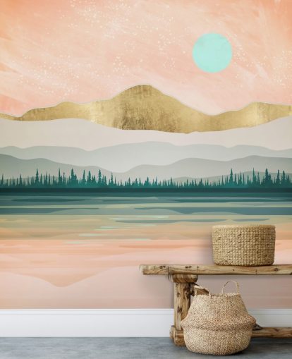 light pink, pale green and gold mountain wallpaper