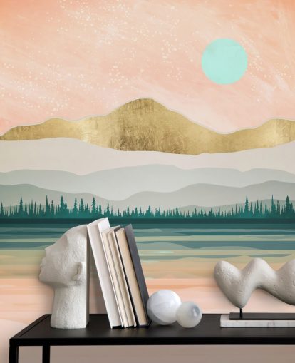 light pink, pale green and gold mountain wallpaper