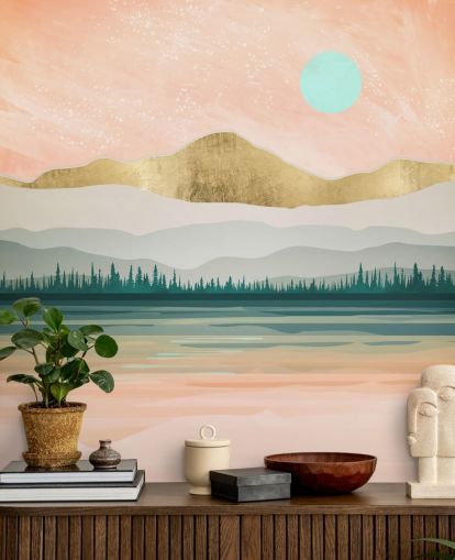 light pink, pale green and gold mountain wallpaper