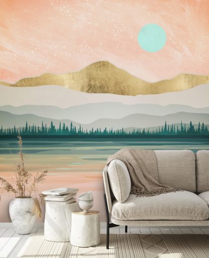 papel pintado de montaña rosa claro, verde pálido y dorado