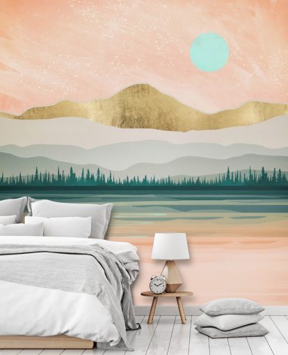 light pink, pale green and gold mountain wallpaper