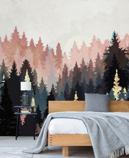 carta da parati foresta blu scuro e rosa