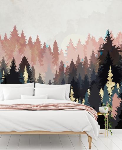 dunkelblaue und rosa Wald-Tapete