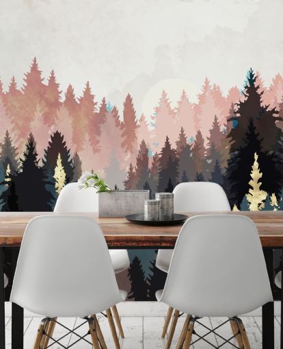 carta da parati foresta blu scuro e rosa