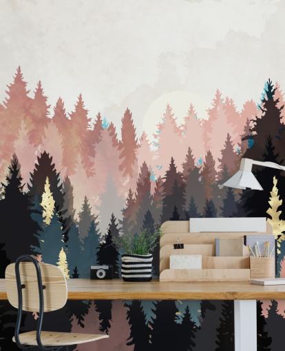 dunkelblaue und rosa Wald-Tapete