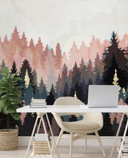 papel de parede floresta azul escuro e rosa