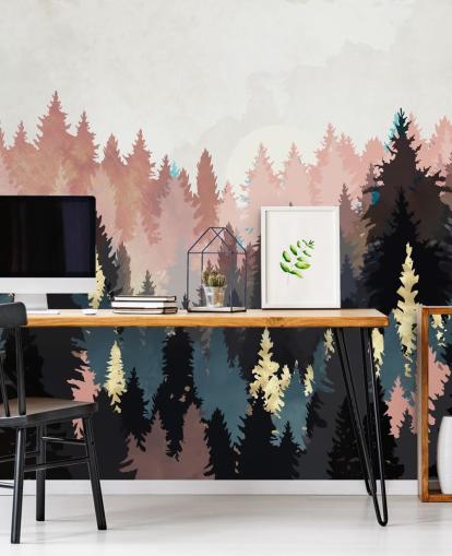 papier peint forêt bleu foncé et rose