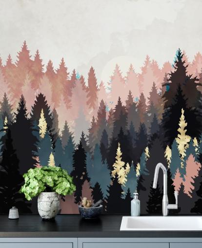 papier peint forêt bleu foncé et rose