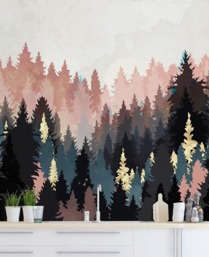 papel pintado bosque azul oscuro y rosa