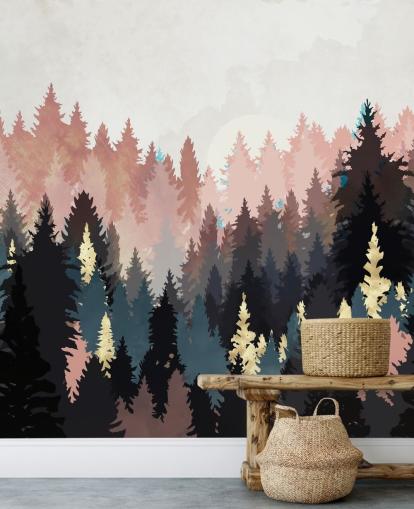 papel de parede floresta azul escuro e rosa