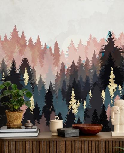 papel pintado bosque azul oscuro y rosa