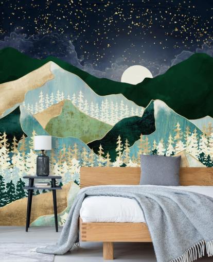 grønne og gull fjell med nattehimmelen tapet