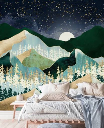 green and gold mountains with night sky wallpaper