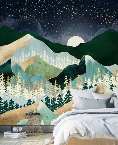 montañas verdes y doradas con fondo de pantalla de cielo nocturno